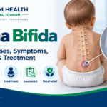 Spina bifida infographic showing types, causes, symptoms, diagnosis, and treatment with a highlighted spinal defect.