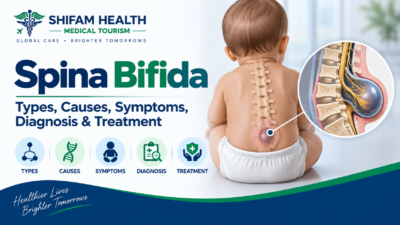 Spina bifida infographic showing types, causes, symptoms, diagnosis, and treatment with a highlighted spinal defect.
