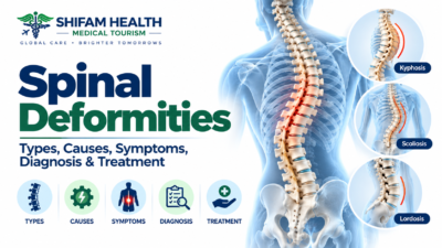 Spinal deformities infographic showing kyphosis, scoliosis, lordosis, causes, symptoms, diagnosis, and treatment.