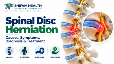 Spinal disc herniation infographic showing a herniated lumbar disc, nerve compression, causes, symptoms, diagnosis, and treatment.