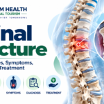 Spinal fracture infographic showing a fractured vertebra, types, causes, symptoms, diagnosis, and treatment.
