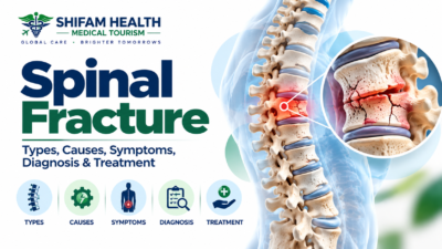 Spinal fracture infographic showing a fractured vertebra, types, causes, symptoms, diagnosis, and treatment.