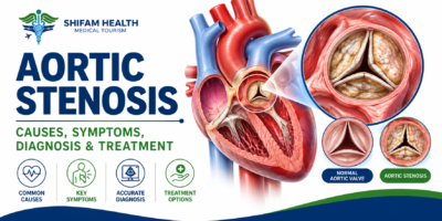 Aortic stenosis infographic showing a narrowed, calcified aortic valve, comparison with a normal valve, and key information on causes, symptoms, diagnosis, and treatment.
