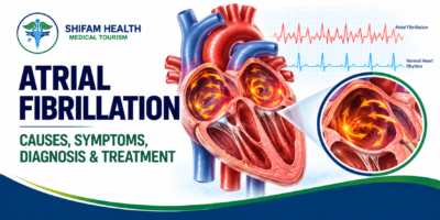 Atrial fibrillation infographic showing irregular heart rhythms and affected heart tissue.