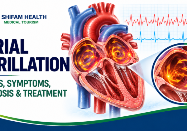 Atrial fibrillation infographic showing irregular heart rhythms and affected heart tissue.