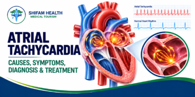 Atrial tachycardia infographic showing abnormal atrial electrical activity and ECG rhythm patterns.