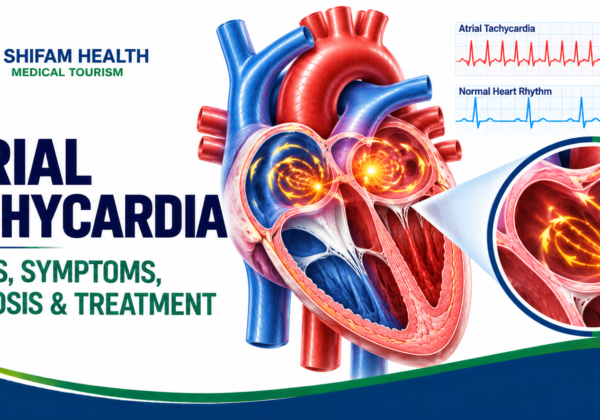 Atrial tachycardia infographic showing abnormal atrial electrical activity and ECG rhythm patterns.