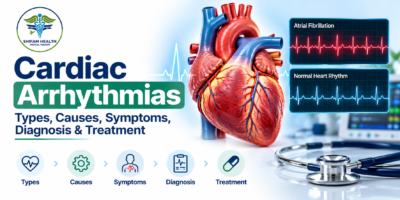 Cardiac arrhythmias infographic showing heart anatomy, ECG patterns, and treatment options.