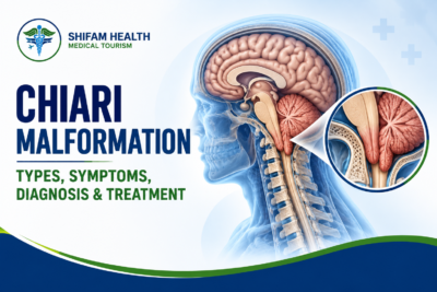 Chiari malformation medical infographic showing the brain, cerebellum, brainstem, and downward displacement of the cerebellar tonsils near the upper spinal cord.