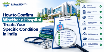 Hospital verification checklist showing medical specialties, treatments, doctors, and facilities.