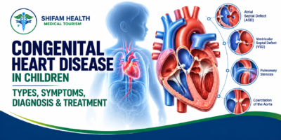 Congenital heart disease in children infographic showing heart defects and anatomical illustrations.