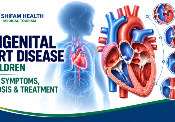 Congenital heart disease in children infographic showing heart defects and anatomical illustrations.