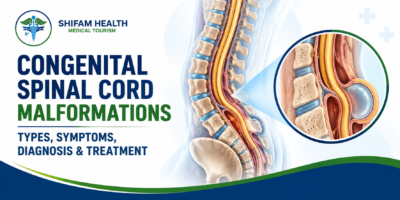 Congenital spinal cord malformations infographic showing the spinal cord, vertebrae, and a highlighted spinal abnormality with a magnified anatomical view.