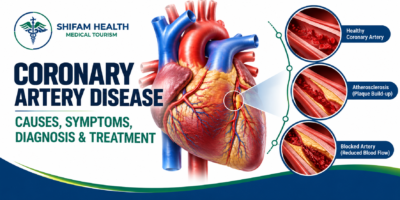 Coronary artery disease infographic showing heart anatomy and plaque buildup in narrowed arteries.