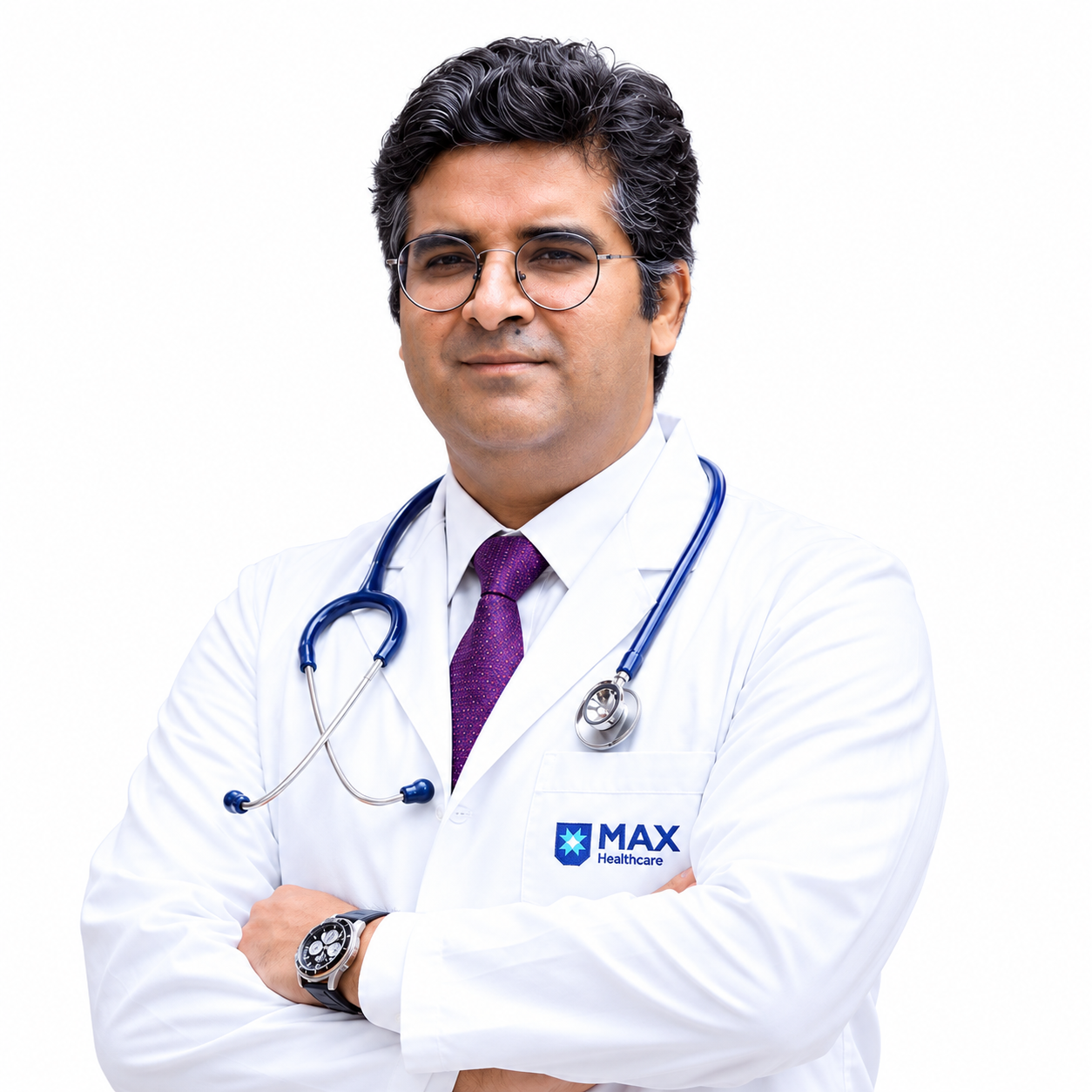 Dr. Sunny Kalra wearing a white doctor’s coat with the Max Healthcare logo, a purple tie, and a stethoscope.