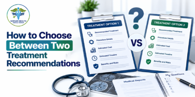 Comparing two treatment recommendations by reviewing costs, timelines, benefits, and risks.