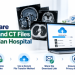 Sharing large MRI and CT files securely with an Indian hospital using digital file transfer.