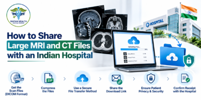 Sharing large MRI and CT files securely with an Indian hospital using digital file transfer.