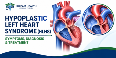 Hypoplastic left heart syndrome (HLHS) medical infographic showing an anatomical heart with an underdeveloped left ventricle and a magnified view of the heart’s chambers.