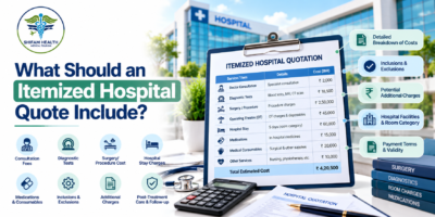 Itemized hospital quote showing treatment costs, hospital stay, medications, and additional charges.