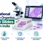 Pathology slides, microscope, and digital medical records for specialist review in India.