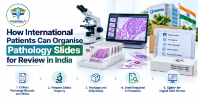 Pathology slides, microscope, and digital medical records for specialist review in India.