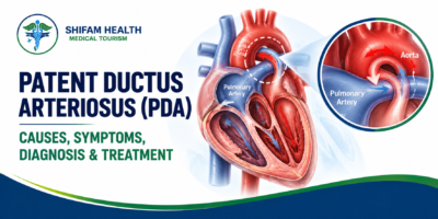 Patent ductus arteriosus (PDA) medical infographic showing an anatomical heart, the abnormal connection between the aorta and pulmonary artery, and a magnified view of the affected vessels.