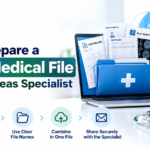 Digital medical file with organized reports, scans, lab results, and prescriptions for overseas specialists.