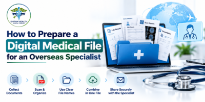 Digital medical file with organized reports, scans, lab results, and prescriptions for overseas specialists.