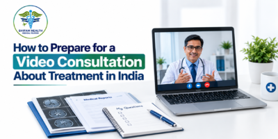 Preparing for a video consultation with an Indian doctor using medical records and scan reports.