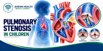 Pulmonary stenosis in children infographic showing a narrowed pulmonary valve and heart anatomy.