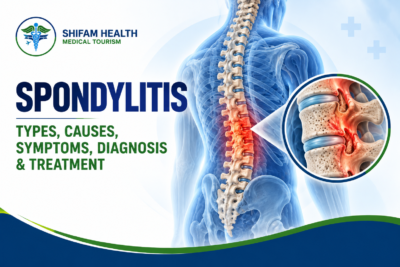 Spondylitis medical infographic showing an anatomical spine with highlighted vertebral inflammation and a magnified view of the affected spinal joints.