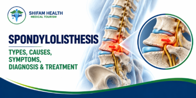 Spondylolisthesis medical infographic showing a lumbar spine with a slipped vertebra, nerve compression, and a magnified view of vertebral displacement.