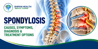 Spondylosis medical infographic showing spinal degeneration, affected vertebrae, bone spurs, and a magnified view of disc damage and nerve compression.