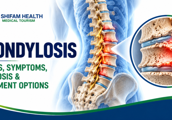Spondylosis medical infographic showing spinal degeneration, affected vertebrae, bone spurs, and a magnified view of disc damage and nerve compression.