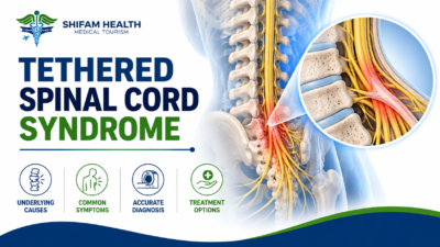 Tethered spinal cord syndrome infographic showing spinal cord tethering, nerve involvement, causes, symptoms, diagnosis, and treatment options.