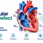 Ventricular septal defect infographic showing a heart opening between the ventricles.