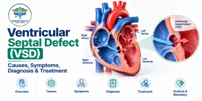 Ventricular septal defect infographic showing a heart opening between the ventricles.