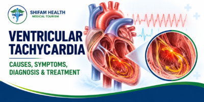 Ventricular tachycardia medical infographic showing an anatomical heart, abnormal electrical activity in the ventricles, and ECG waveforms.