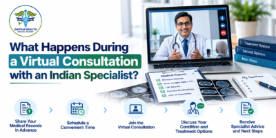 Virtual consultation with an Indian specialist reviewing medical records and discussing treatment options.