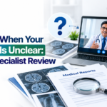 Unclear diagnosis infographic showing medical reports, brain scans, and a virtual specialist consultation.