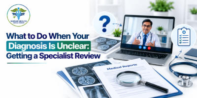 Unclear diagnosis infographic showing medical reports, brain scans, and a virtual specialist consultation.